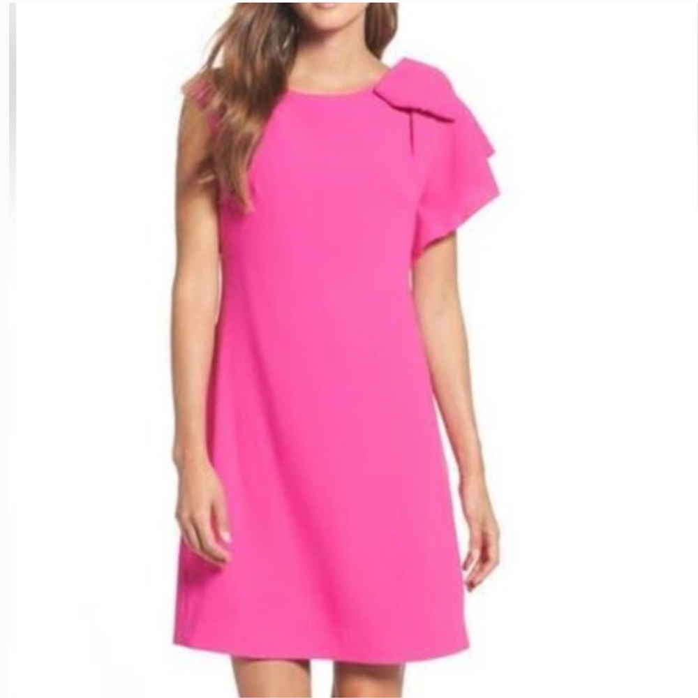 Eliza J Bow Ruffle Drape One Shoulder Shift Dress